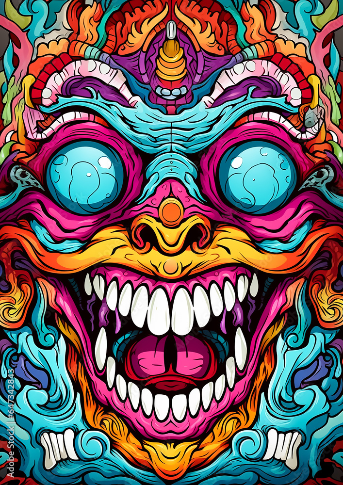 Colorful handmade illustrated of Vintage hollow face of Demon in mandala style 