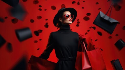 Woman in black with shopping bags. Red abstract background. Sales, discount, black friday colors. AI