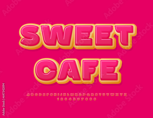 Vector advertising banner Sweet Cafe. Modern artistic Font. Tasty Alphabet Letters and Numbers © Popskraft