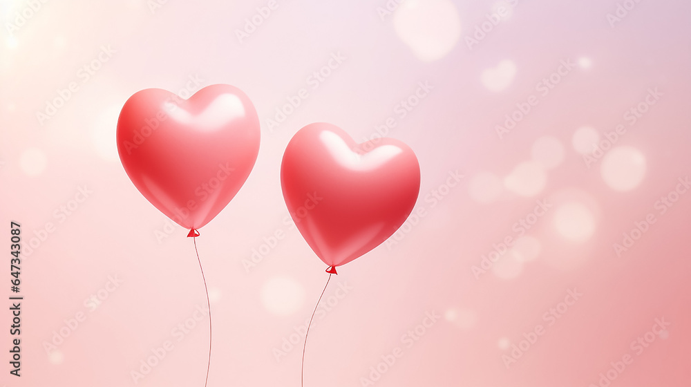 Two red heart-shaped balloons on a pink background, pastel colors, banner. Concept Valentine's Day, wedding, Love symbol. Copy space.