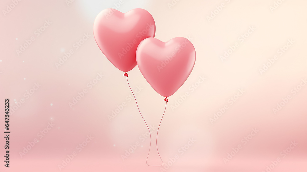 Two pink heart-shaped balloons on a pink background, pastel colors. Concept Valentine's Day, wedding, Love symbol. Copy space.