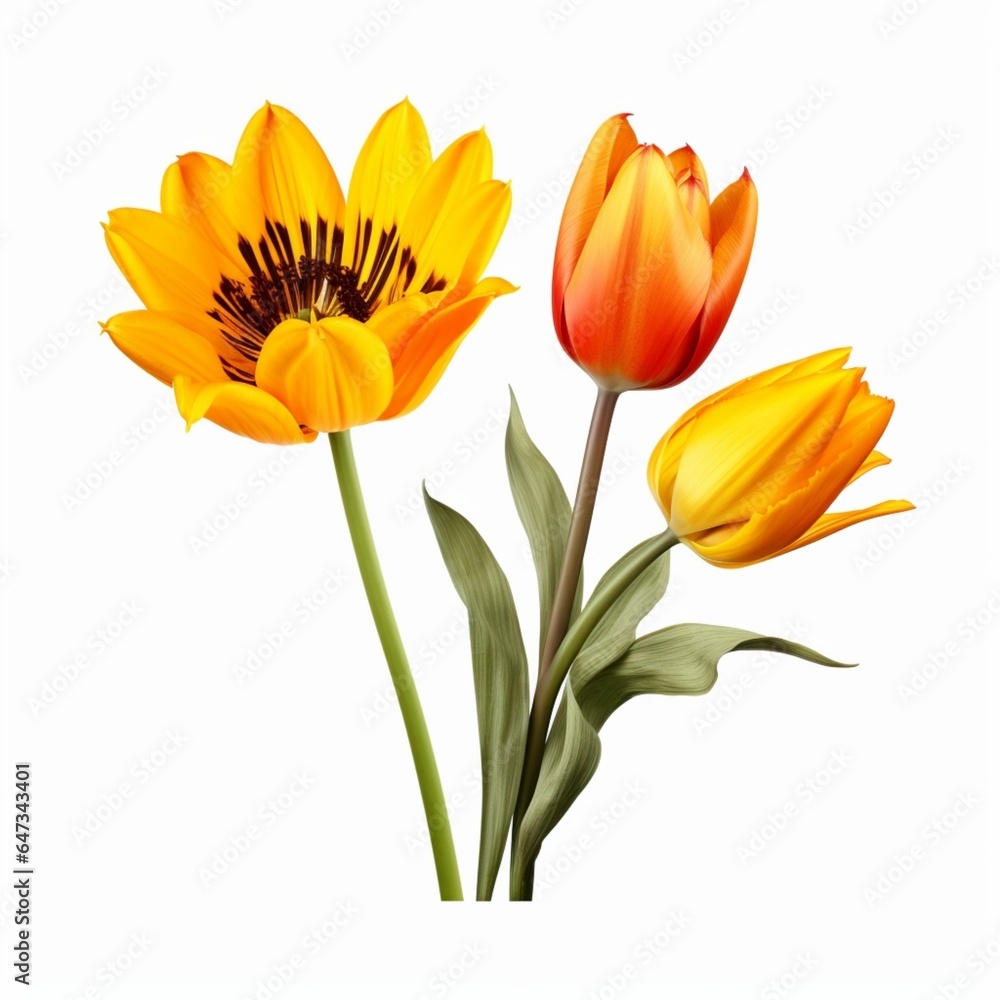 A set of flowers tulip and sunflower against isolated white background