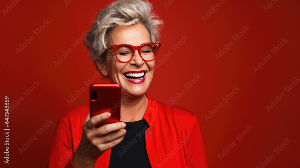 An elderly woman smiling and laughing with her phone against a colored background. An elderly woman smiling and laughing with her phone against a colored background.