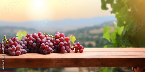 Wooden table with fresh red grapes and free space on nature blurred background, vineyard field