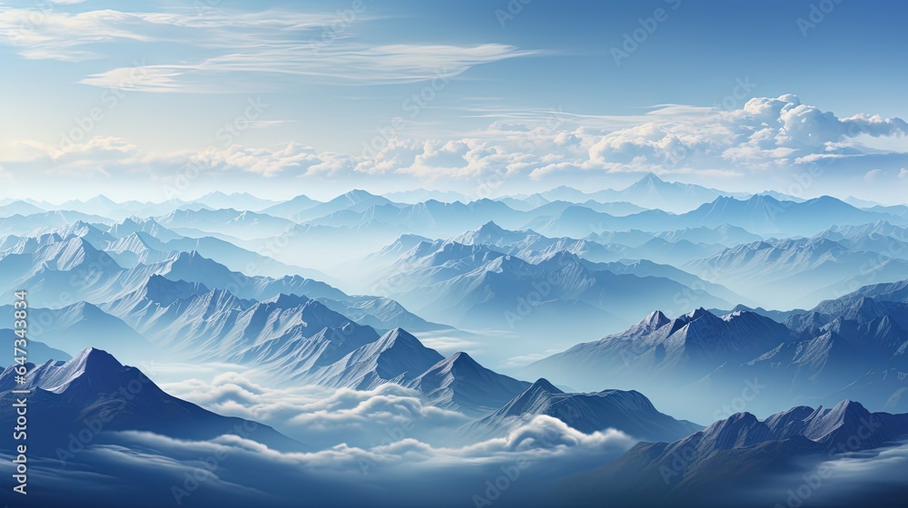  a view of a mountain range from an airplane window with a blue sky and clouds.  generative ai