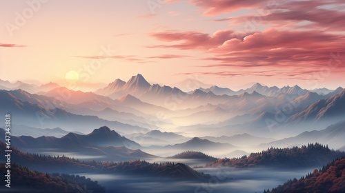  a painting of a mountain range with a sunset in the background. generative ai