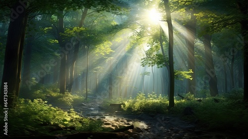  a path through a forest with sunlight streaming through the trees.  generative ai