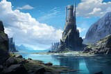A mystical tower overlooks a coastal lagoon on an island, surrounded by sharp rock outcrops. Generative AI