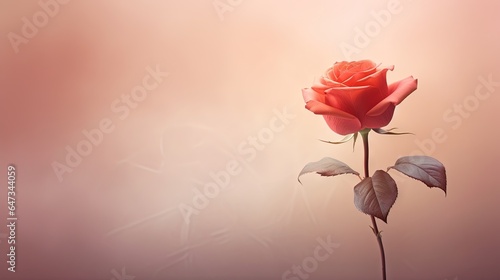  a single red rose with leaves on a blurry background.  generative ai