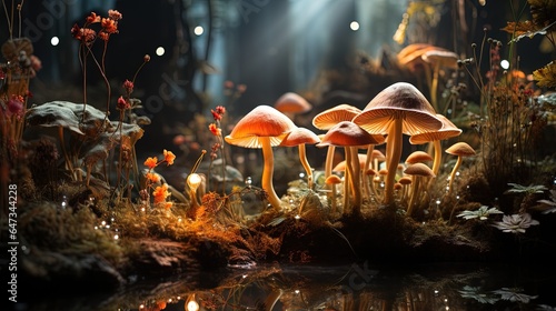  a group of mushrooms sitting on top of a lush green field.  generative ai © Jevjenijs