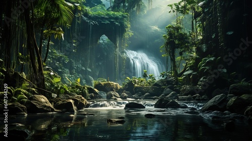  a stream running through a lush green forest filled with lots of trees. generative ai