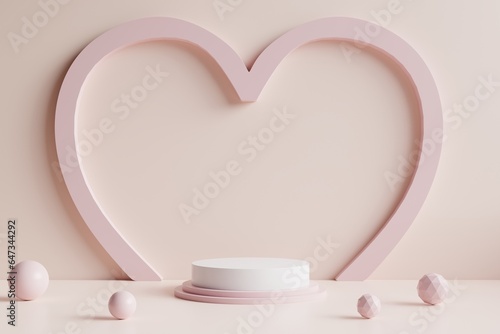 Fototapeta Naklejka Na Ścianę i Meble -  White circle podium with pink heart-shaped background.3d rendering.