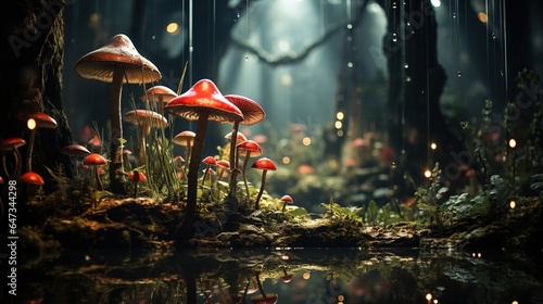 a group of mushrooms sitting on top of a lush green forest. generative ai