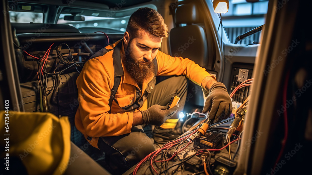 A technician check the electrical system inside the car.,generative ai A technician check the electrical system inside the car.,generative ai