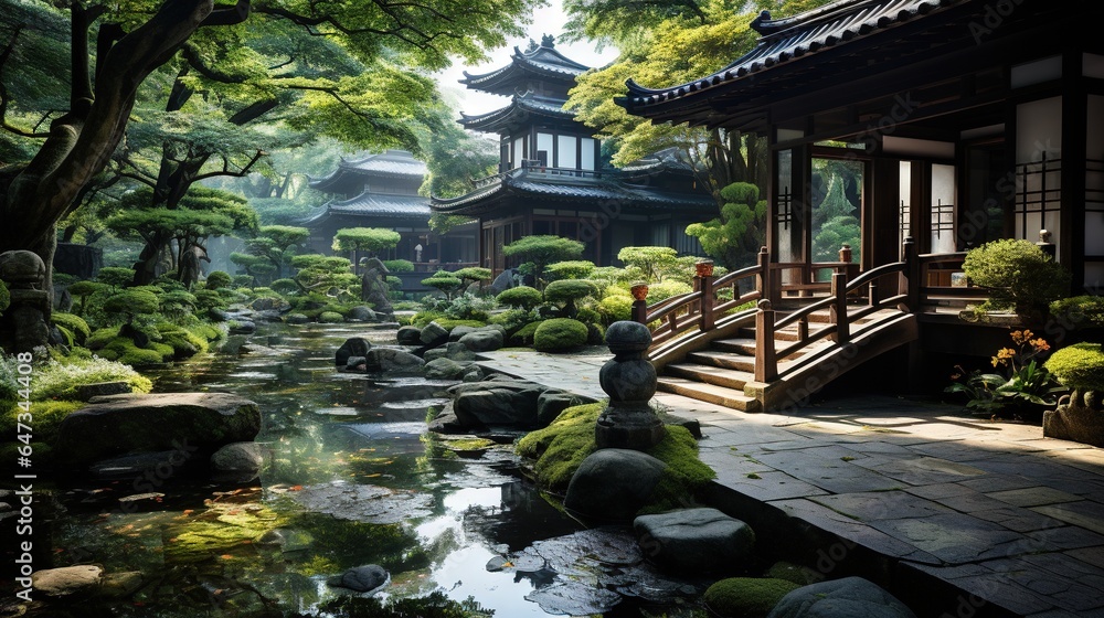  a japanese garden with a pond and a pagoda in the background.  generative ai