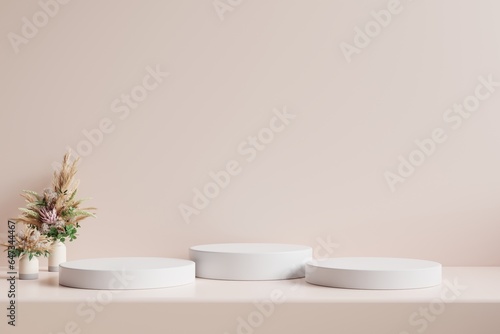 White circle podium with pink background and flower vase on the side.3d rendering.