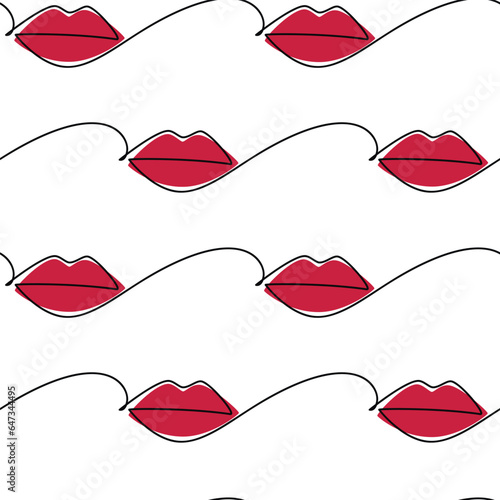 Red lips seamless pattern vector. Line continuous drawing. Doodle illustration. Female hand drawn mouth icon. Wallpaper, graphic background, fabric, textile, print,  package design, beauty card.