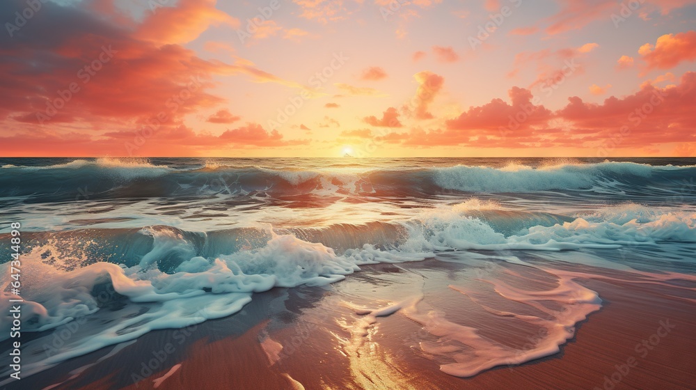  a painting of a sunset over the ocean with waves coming in.  generative ai