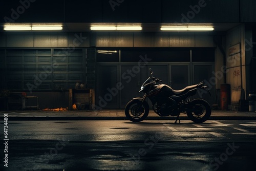 dimly lit parking space with a motorbike. Generative AI