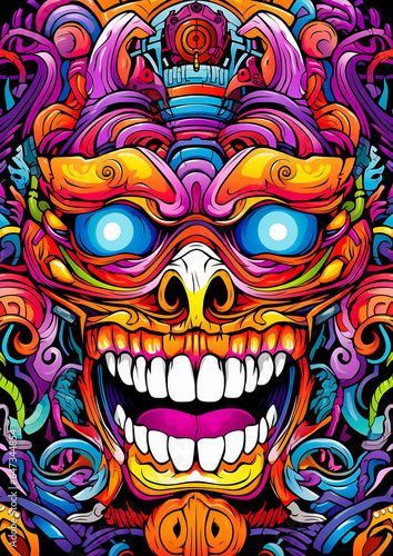 Colorful handmade illustrated of Vintage hollow face of Demon in mandala style 