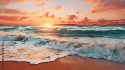  a painting of a sunset over the ocean with waves coming in.  generative ai