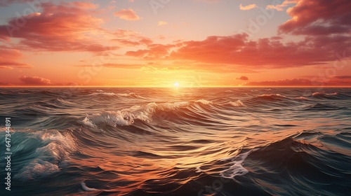  a painting of a sunset over the ocean with waves in the foreground. generative ai