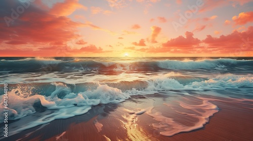  a painting of a sunset over the ocean with waves coming in. generative ai