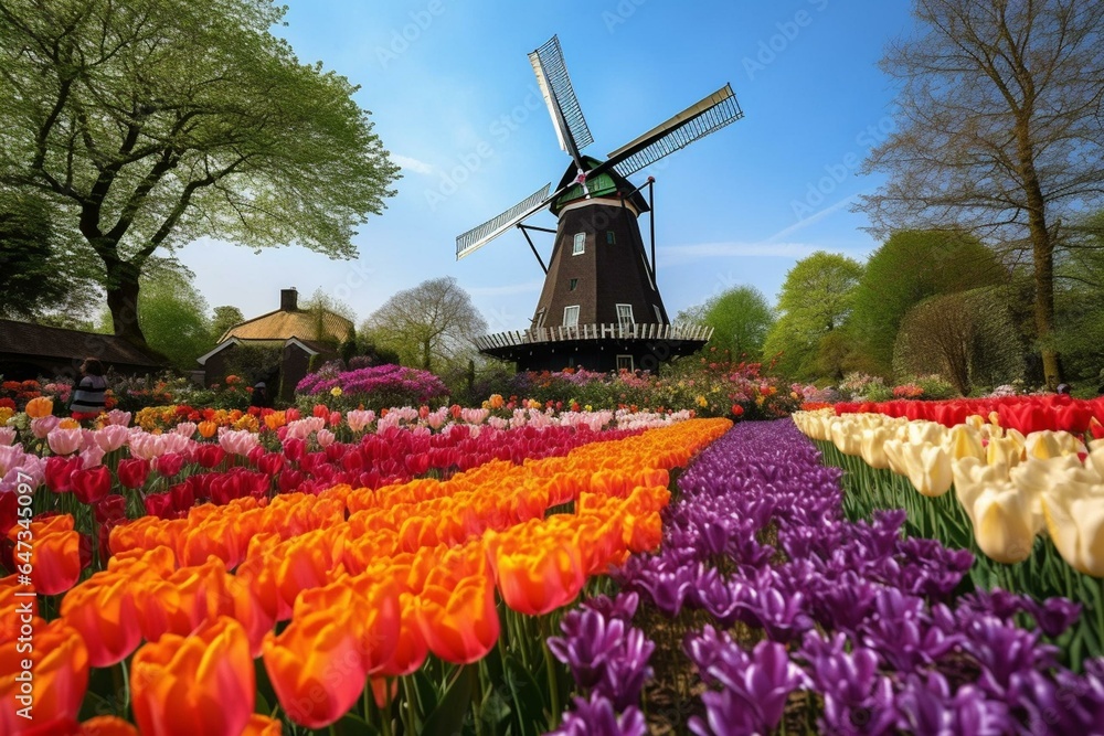 Artwork of a traditional windmill in the Netherlands surrounded by colorful tulips. Generative AI