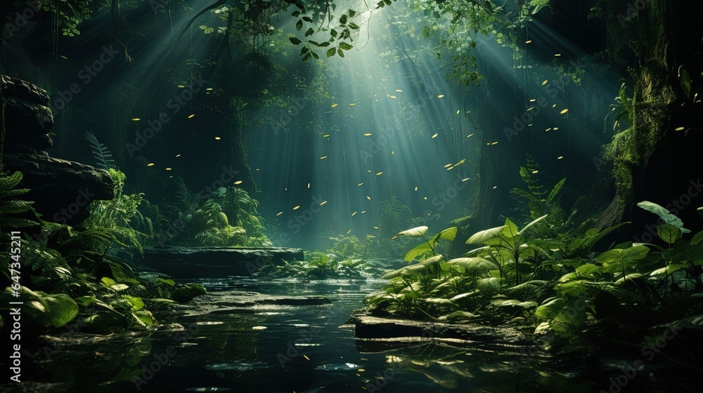  a stream running through a lush green forest filled with lots of leaves.  generative ai