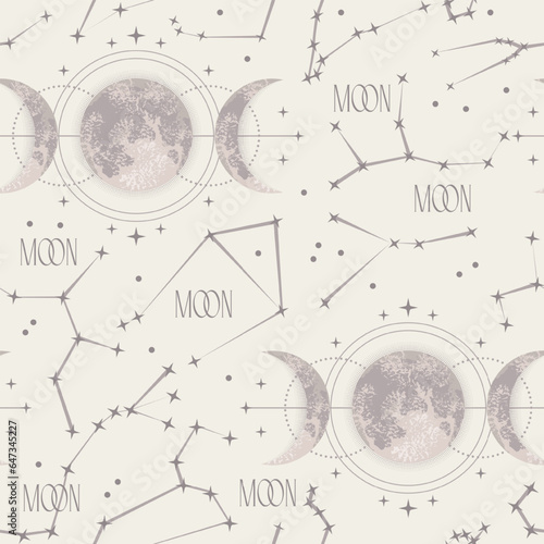 Seamless pattern with moon, crescent, stars, triple moon sign and zodiacal constellations. Wicca moon goddess symbol. Astrology, alchemy, boho, magic, mystery concept. Monochrome detailed illustration