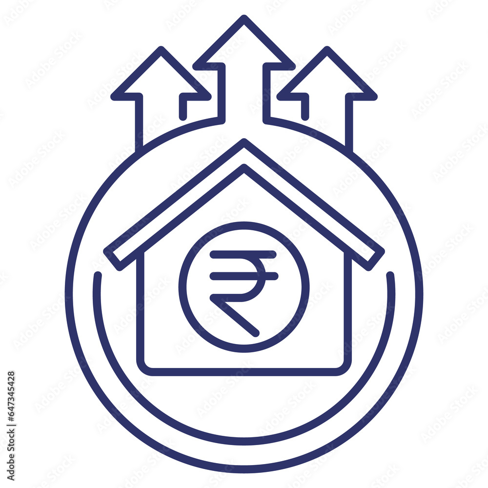 house prices growing, up line icon with indian rupee house prices growing, up line icon with indian rupee