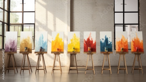 Painter's easels lined with different colored paints © jorgevt