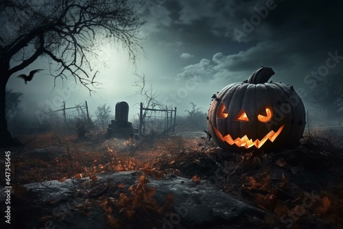 Eerie pumpkin in haunted graveyard. Sinister Halloween landscape. Generative AI