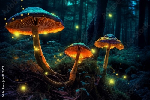Mystical glowing mushroom thrives in a fantasy forest, displaying psychedelic properties as both medicinal and decorative fungus. Generative AI
