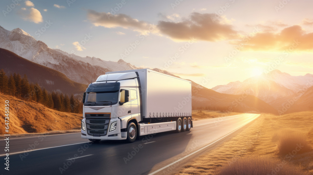 Obraz premium White truck driving on the highway winding through forested landscape in autumn colors at sunset