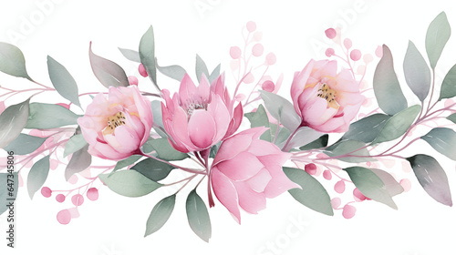 Watercolor floral illustration with pink flowers and eucalyptus greenery