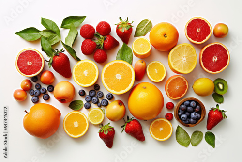 Fresh fruits and vegetables  healthy food  isolated flat lay from above white background  generative ai