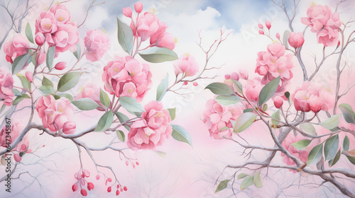 Watercolor painting of pink flowers and eucalyptus