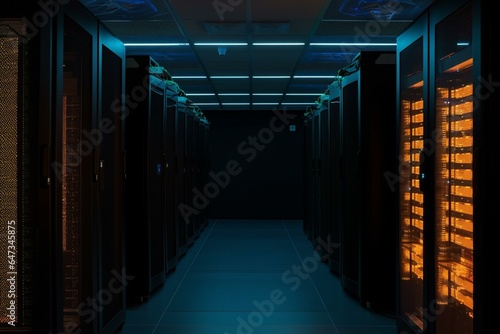 Dimly lit data center with computer hardware and glowing orange-blue accents. Generative AI