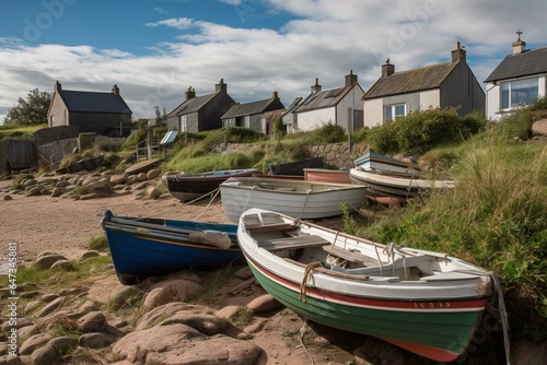 Fototapeta Rocky bay, fishing village, Northumberland, UK, boats, cottages