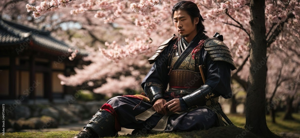 Fototapeta premium lone samurai sitting beneath a cherry blossom tree