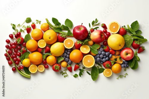 Fresh fruits and vegetables  healthy food  isolated flat lay from above white background  generative ai