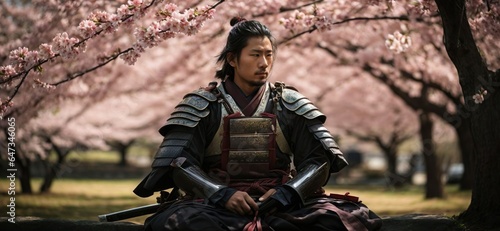 lone samurai sitting beneath a cherry blossom tree