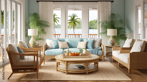 Coastal style living room with blue furniture