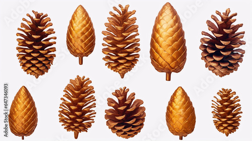 Golden pinecones isolated on white background