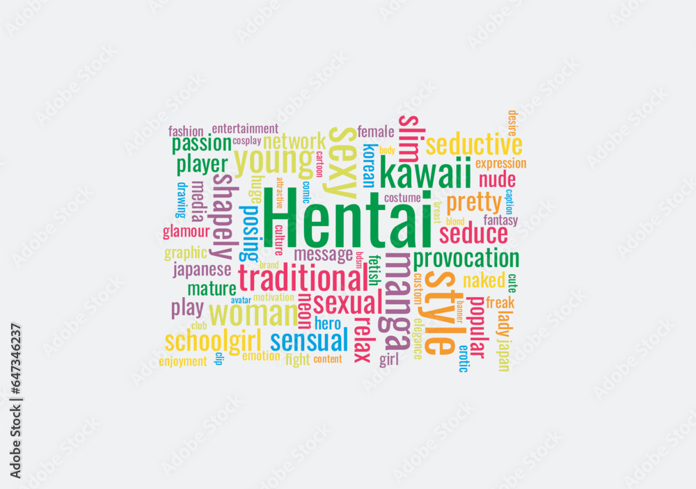 Illustration in the form of a cloud of words related to hentai Illustration in the form of a cloud of words related to hentai