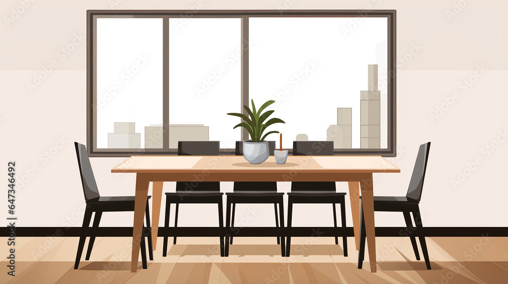 Modern dining room table and chairs minimalistic illustration