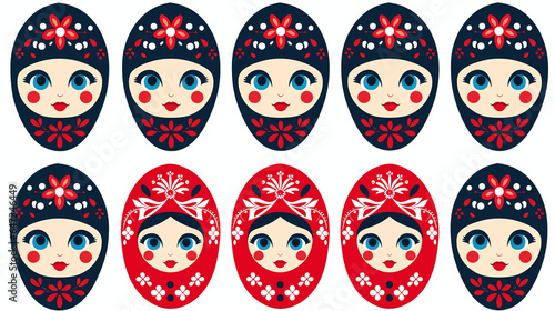 Russian matryoshka dolls set with blue eyes and slavic folklore symbols