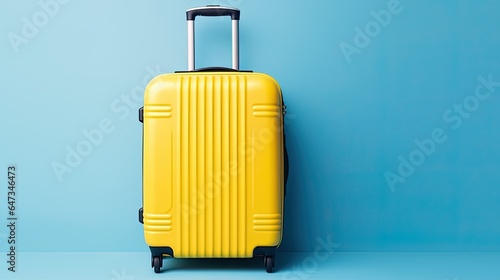 baggage travel. yellow suitcase with travel accessories such as sunglasses, hat and camera on light blue background.