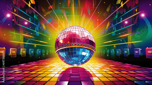 Disco ball and neon lights dance floor 